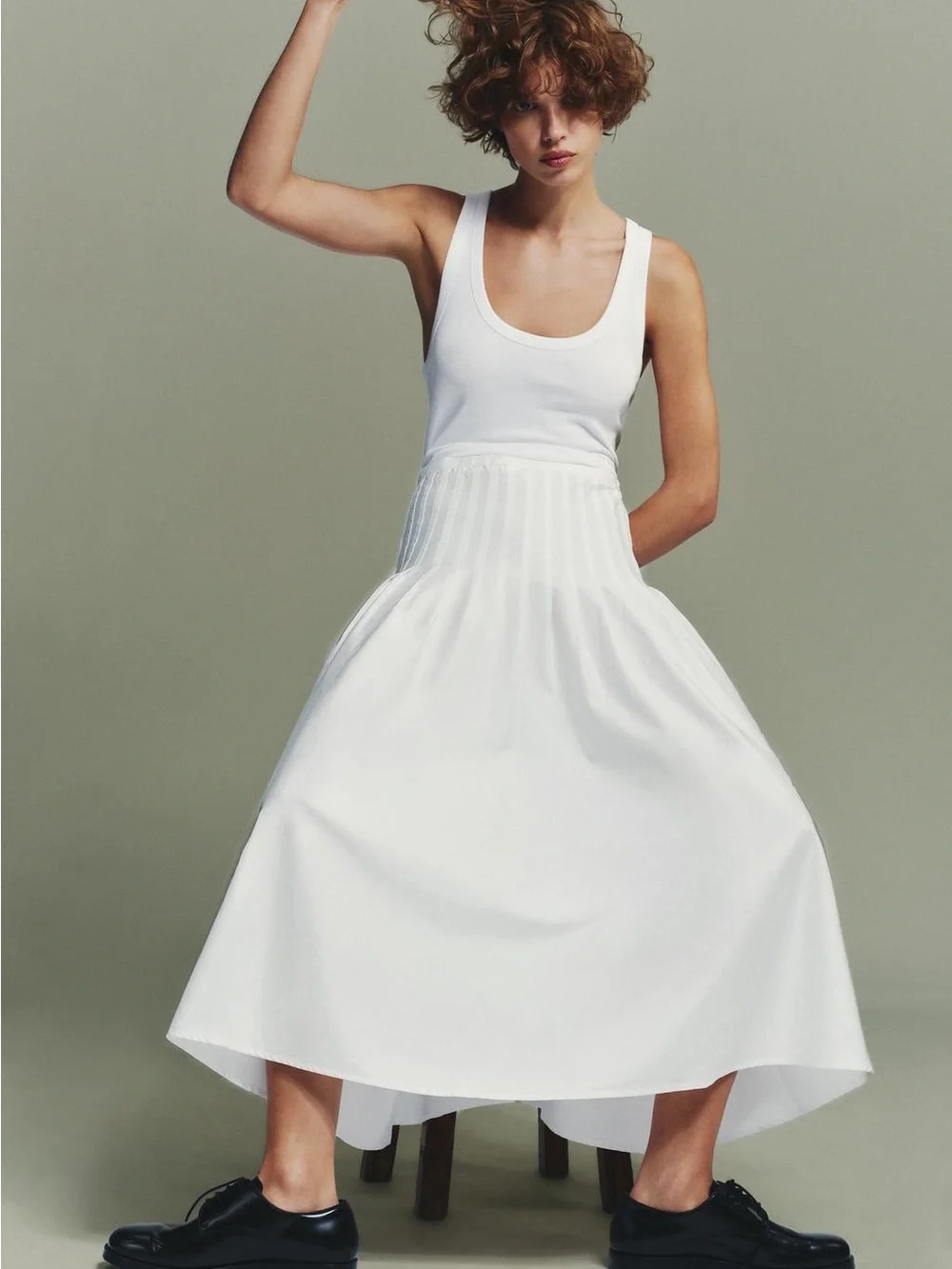 NWT Zara 100% Cotton White Pleated Flowy Midi Skirt Sz M Minimalist Clean July 4